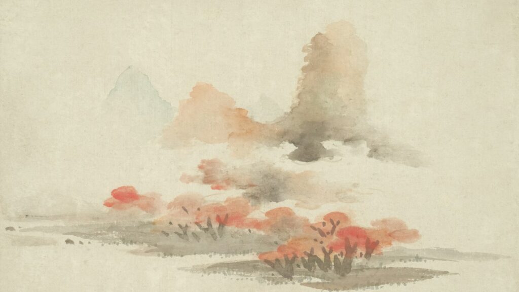 紅葉と山々を描いた淡彩の東洋画