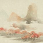 紅葉と山々を描いた淡彩の東洋画