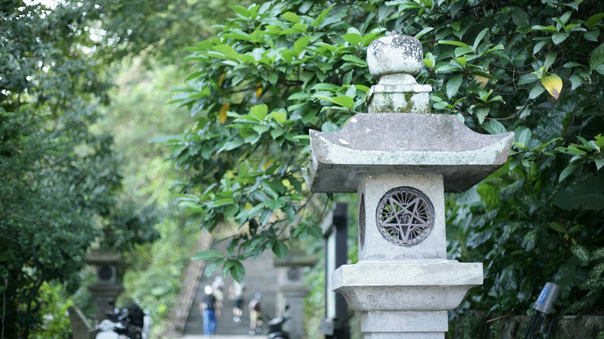 緑に囲まれた参道の石灯籠