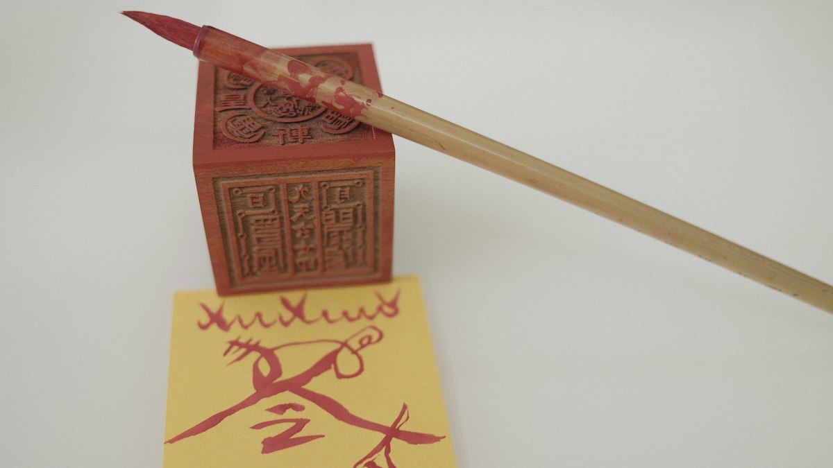 印章と筆と漢字を書いた紙