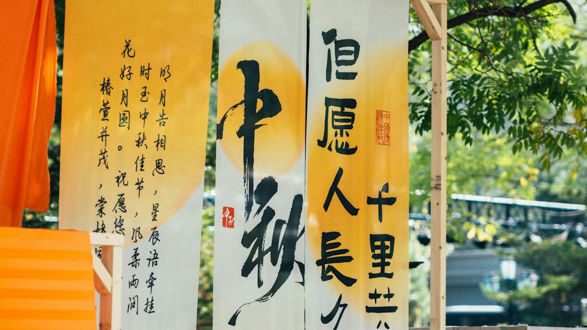 漢字の書が書かれた掛け軸が並んで吊るされた様子