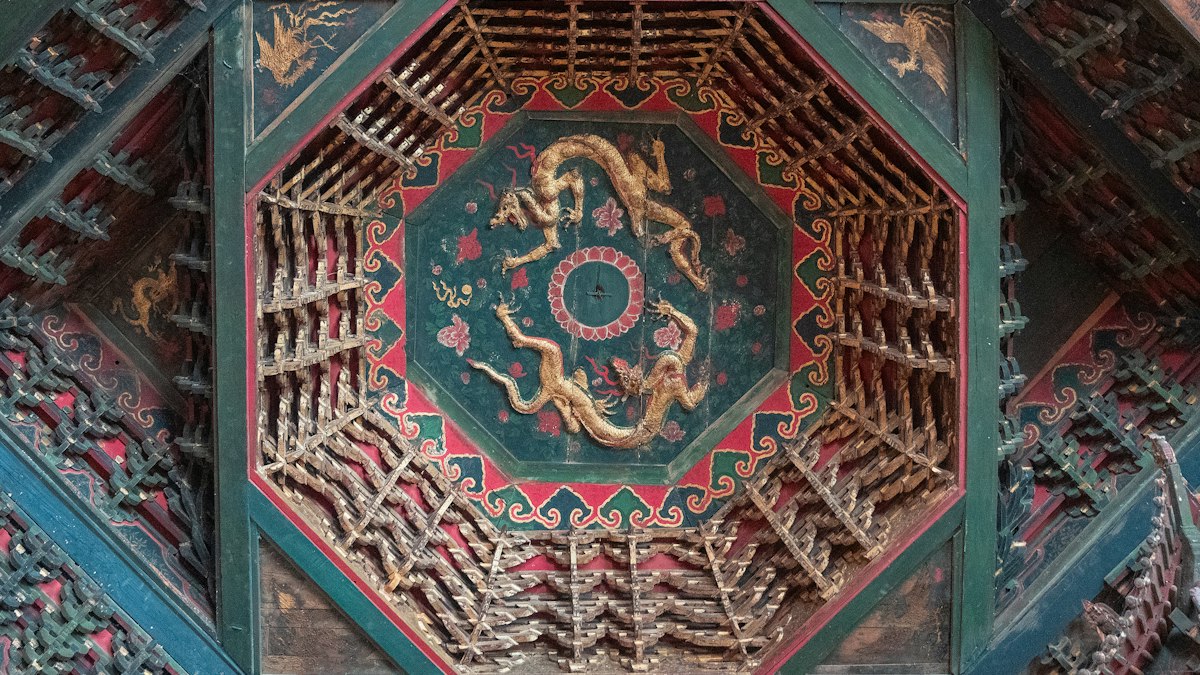 龍が描かれた八角形の寺院の天井装飾