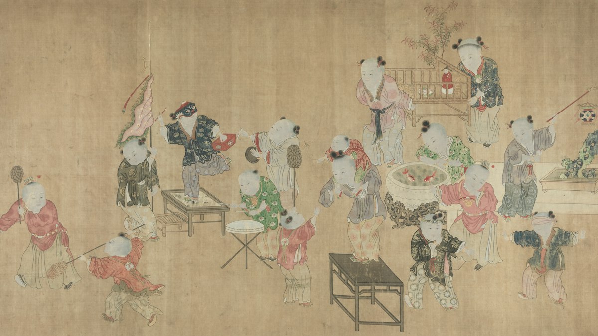 大勢の子どもたちが集まって遊ぶ様子を描いた古い中国画