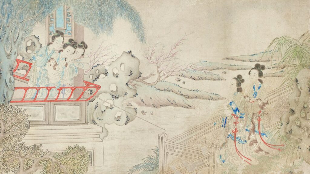 楼閣と庭に集う女性たちを描いた古い中国画