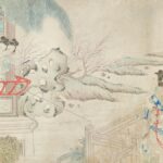 楼閣と庭に集う女性たちを描いた古い中国画