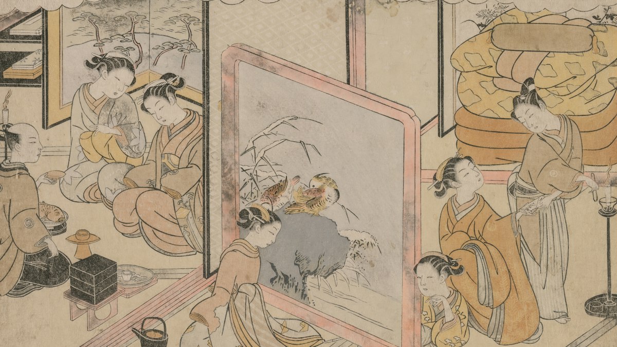 屏風のある座敷に家族が集う様子を描いた古い絵