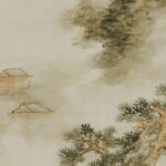 霧の山と楼閣を描いた中国の山水画