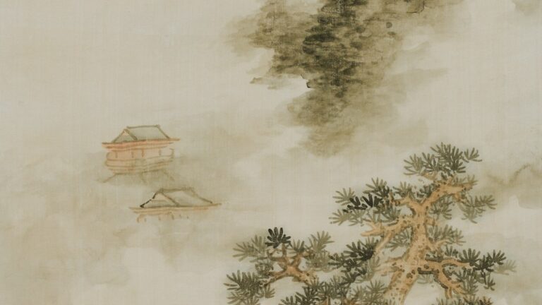霧の山と楼閣を描いた中国の山水画