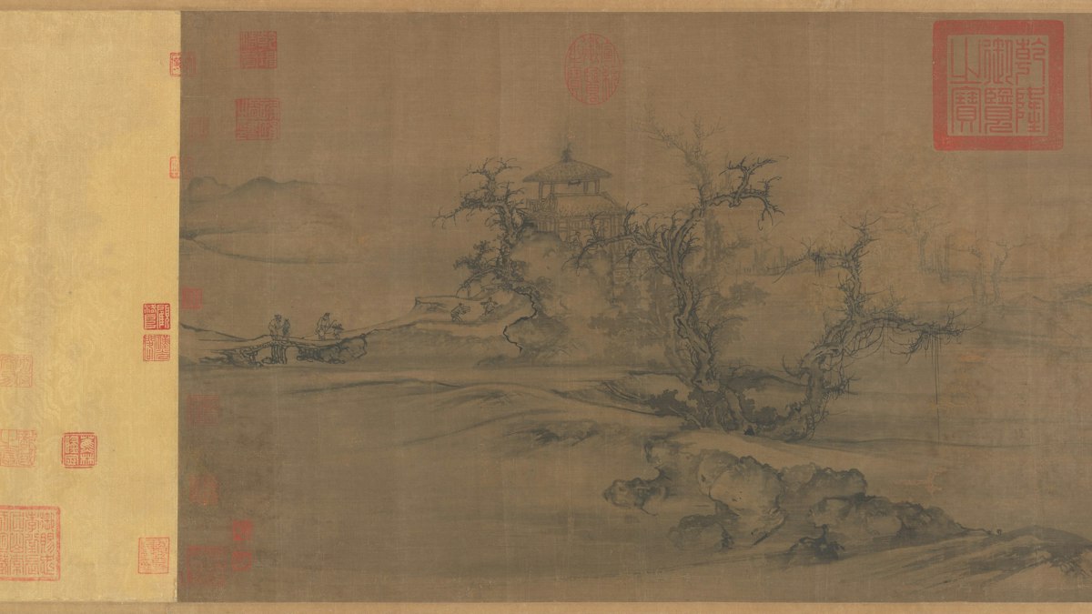 落款の印が押された古い中国の山水画巻