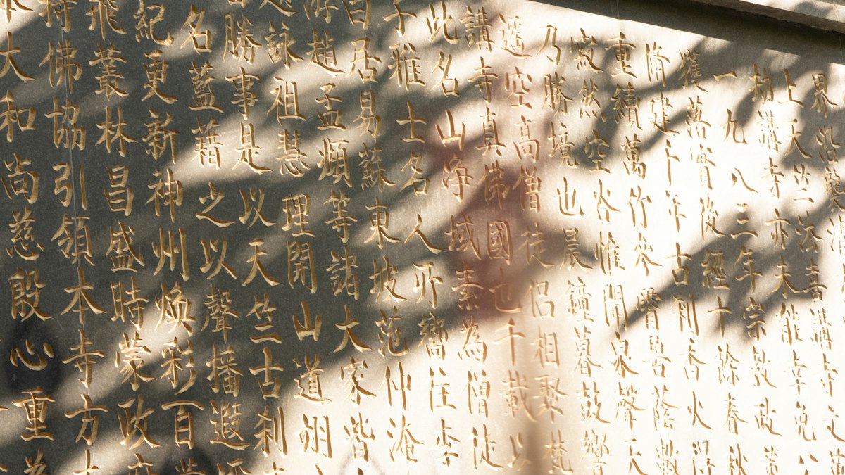木の影が落ちる、漢字が刻まれた石碑