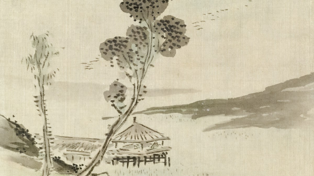 木と東屋を描いた古い水墨画