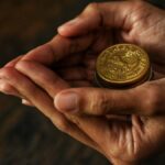 両手で大切に包み込むように持つ金色の古い硬貨