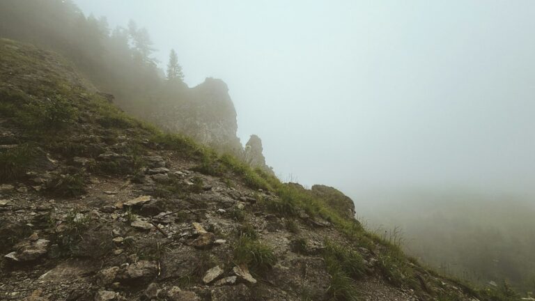 霧に包まれた岩山の斜面