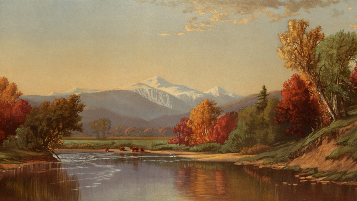 初秋の山と川を描いた風景画