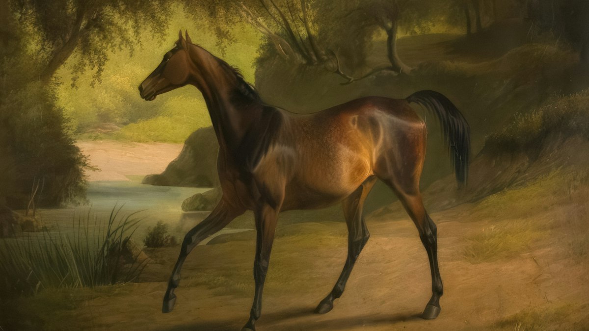 水辺の小道を歩く馬を描いた古い油彩画