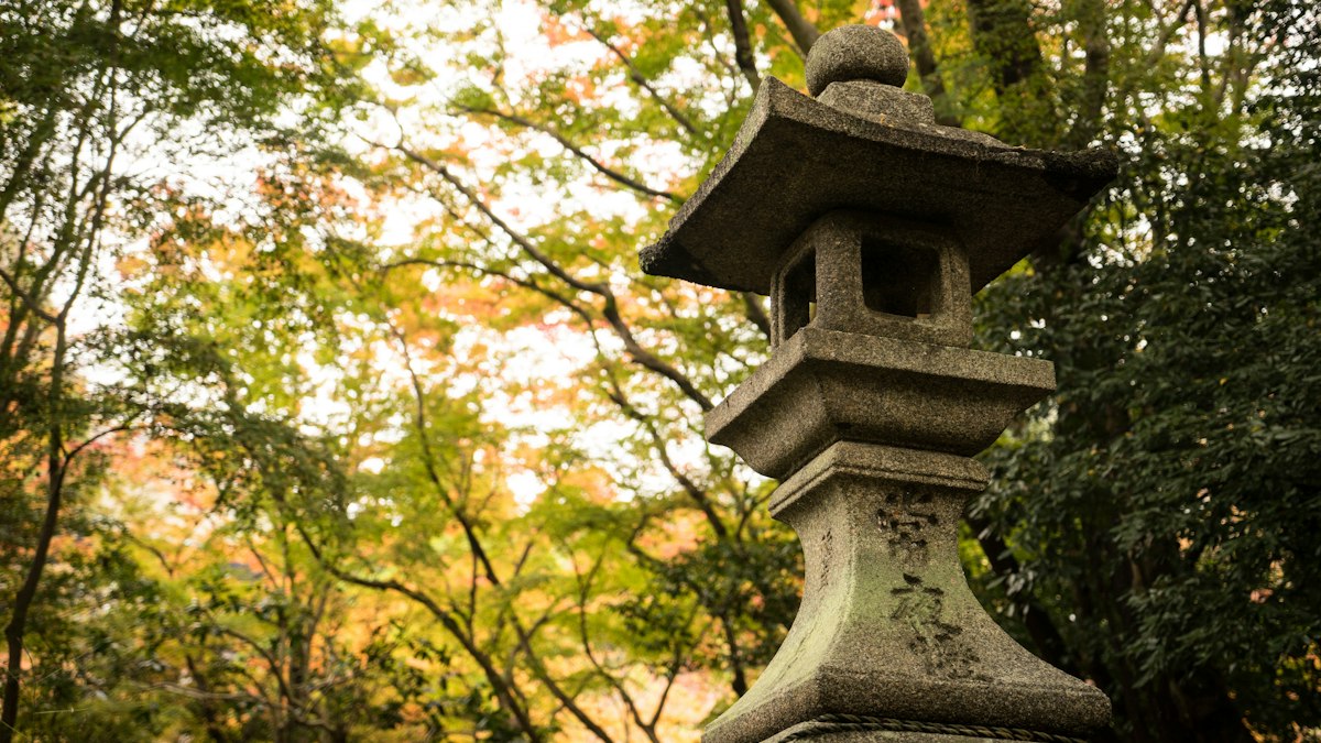 色づき始めた庭の石灯籠