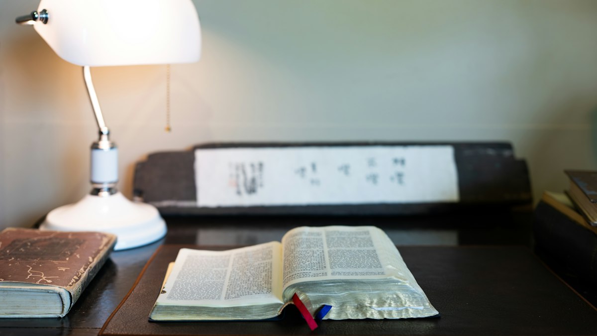 書の軸を背に灯りの下で開かれた本