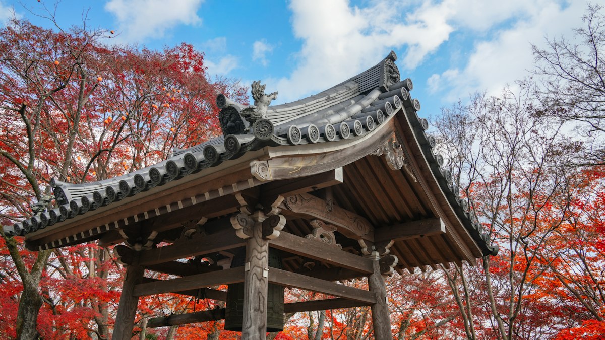 真っ赤な紅葉に囲まれた寺の鐘楼