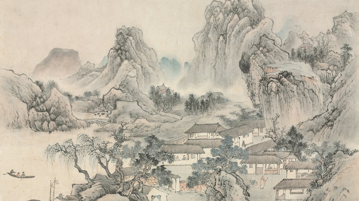 山と楼閣を描いた古い中国の山水画