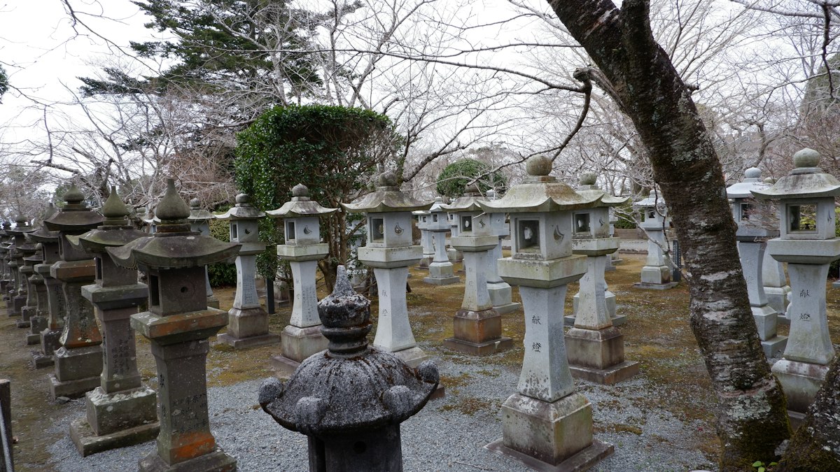 冬枯れの木立に古い石灯籠が並ぶ寺の境内