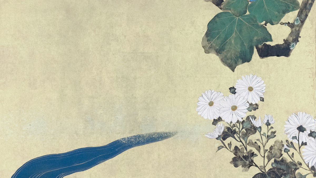 流れと菊の花を描いた古い日本画