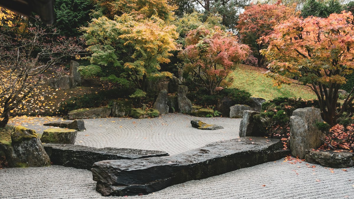 庭石と色づく木々が調和する日本庭園