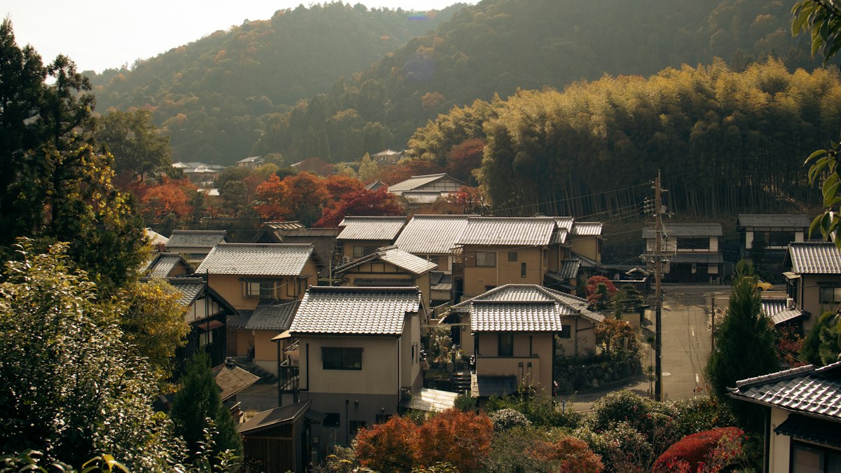 紅葉と竹林に囲まれた山里の家並み