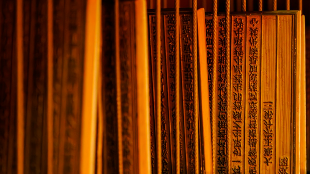 漢字が刻まれた古い書物の背が並ぶ様子