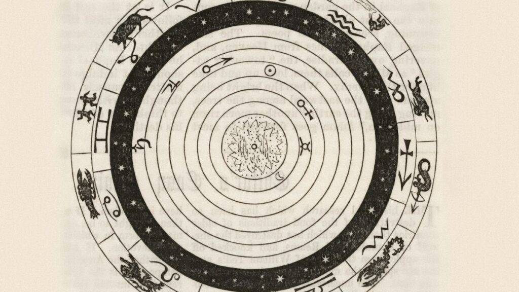 星々と十二の星座を円く描いた古い天文図