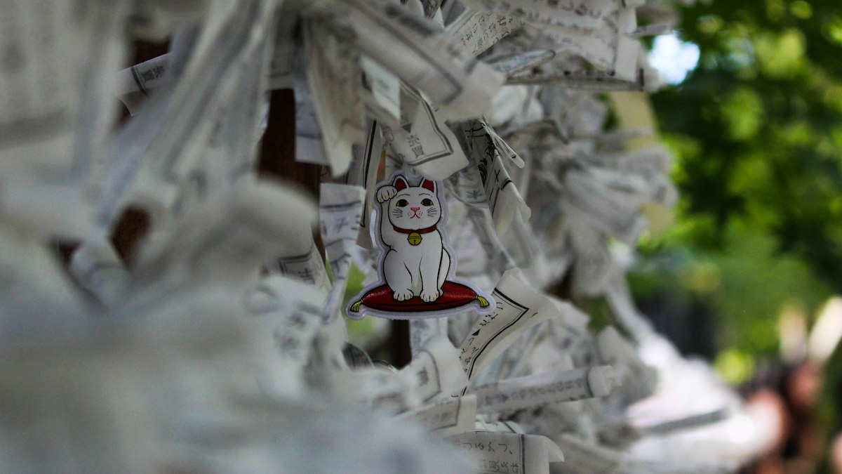 神社に結ばれた無数のおみくじと招き猫のお守り