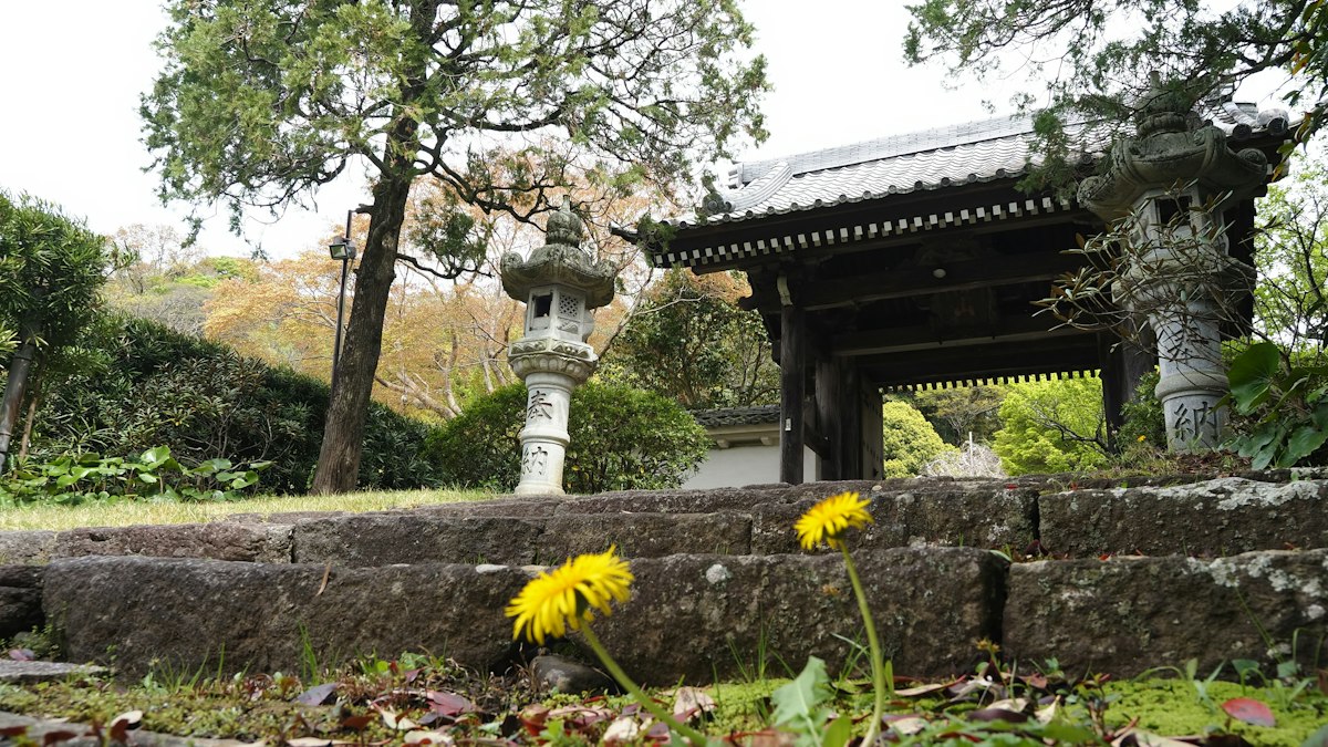 石灯籠と山門へ続く古い寺の石段